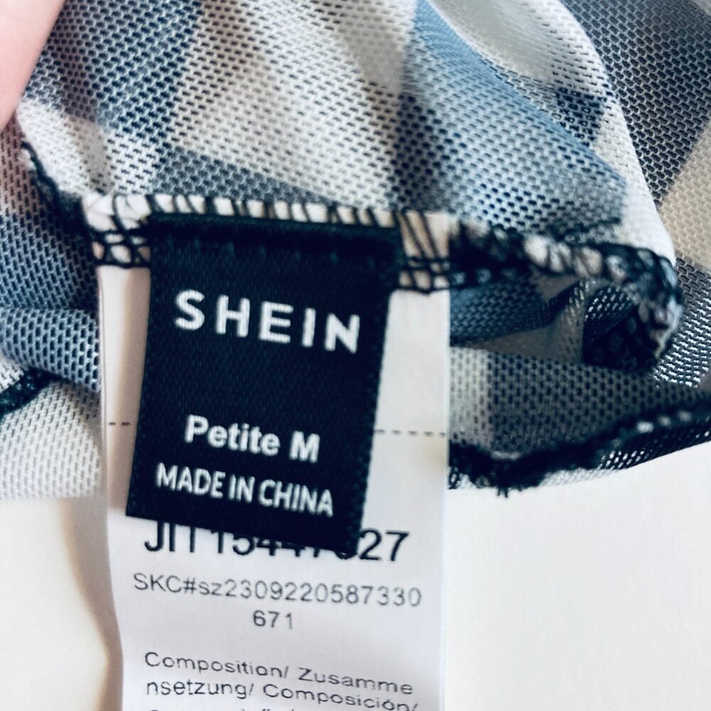 π Black & White Checkered Sheer Mesh Top with Short Sleeves NEW - Picture 6 of 6